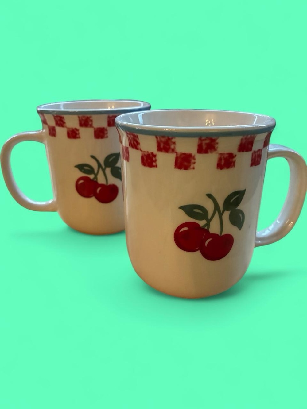 Mainstays Cream Ceramic Cherry Mugs with Red Check Trim